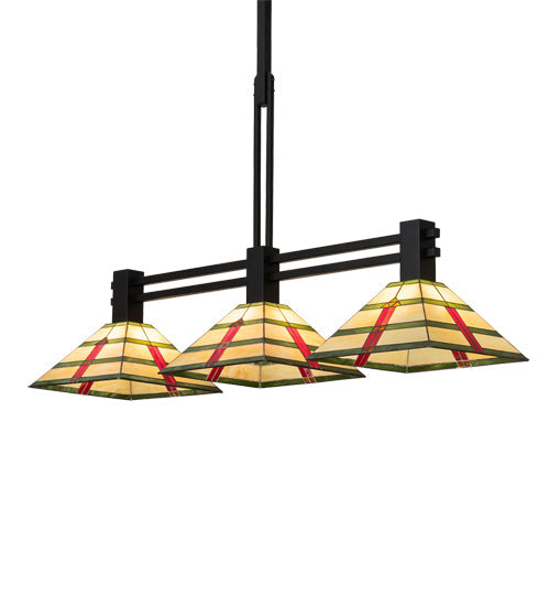 Meyda Lighting Prairie Arrowhead 48" 3-Light Flat Black Island Pendant Light With Multi-Colored Shade Glass