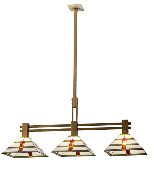 Meyda Lighting Prairie Arrowhead 48" 3-Light Matte Buttered Brass Island Pendant Light With Multi-Colored Shade Glass