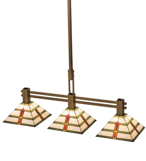 Meyda Lighting Prairie Arrowhead 48" 3-Light Matte Buttered Brass Island Pendant Light With Multi-Colored Shade Glass