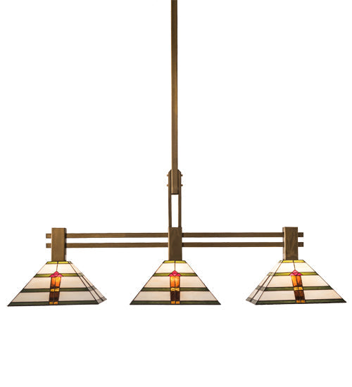 Meyda Lighting Prairie Arrowhead 48" 3-Light Matte Buttered Brass Island Pendant Light With Multi-Colored Shade Glass