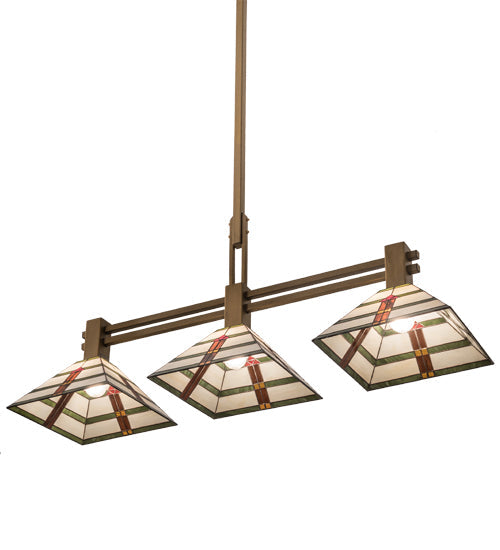 Meyda Lighting Prairie Arrowhead 48" 3-Light Matte Buttered Brass Island Pendant Light With Multi-Colored Shade Glass