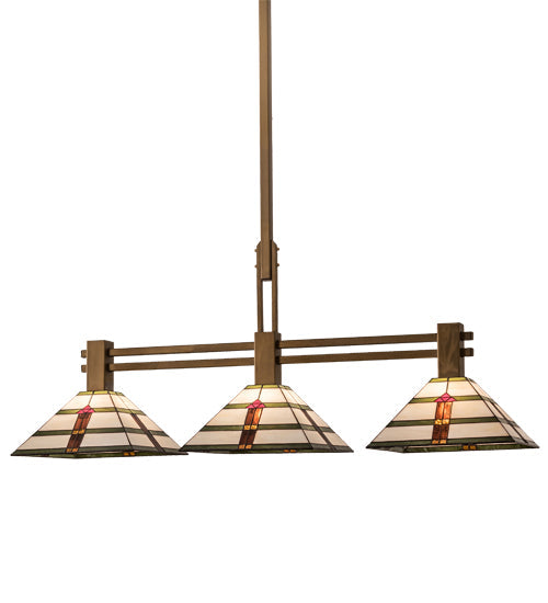 Meyda Lighting Prairie Arrowhead 48" 3-Light Matte Buttered Brass Island Pendant Light With Multi-Colored Shade Glass