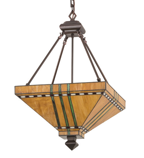 Meyda Lighting Prairie Corn 24" 4-Light Mahogany Bronze Inverted Pendant Light With Amber & Green Shade Glass