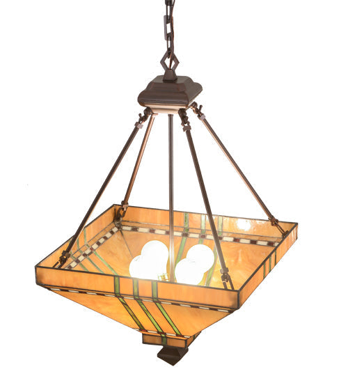 Meyda Lighting Prairie Corn 24" 4-Light Mahogany Bronze Inverted Pendant Light With Amber & Green Shade Glass