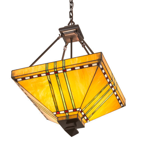 Meyda Lighting Prairie Corn 24" 4-Light Mahogany Bronze Inverted Pendant Light With Amber & Green Shade Glass