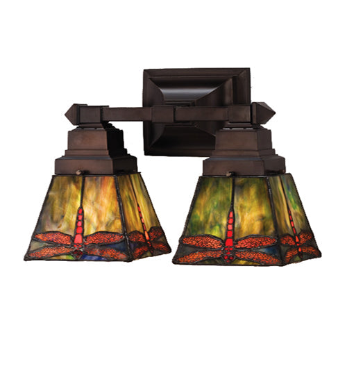 Meyda Lighting Prairie Dragonfly 12" 2-Light Mahogany Bronze Wall Sconce With Multi-Colored Shade Glass