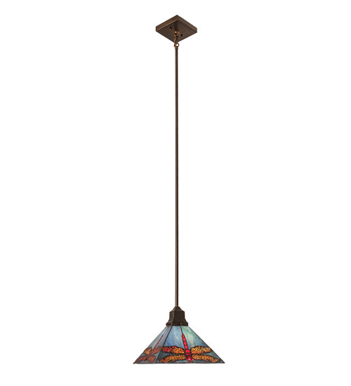 Meyda Lighting Prairie Dragonfly 14" Antique Copper Mini Pendant Light With Red & Blue Stained Shade Glass