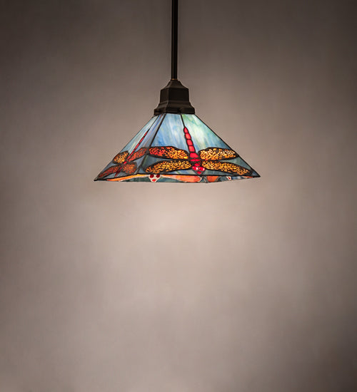 Meyda Lighting Prairie Dragonfly 14" Antique Copper Mini Pendant Light With Red & Blue Stained Shade Glass