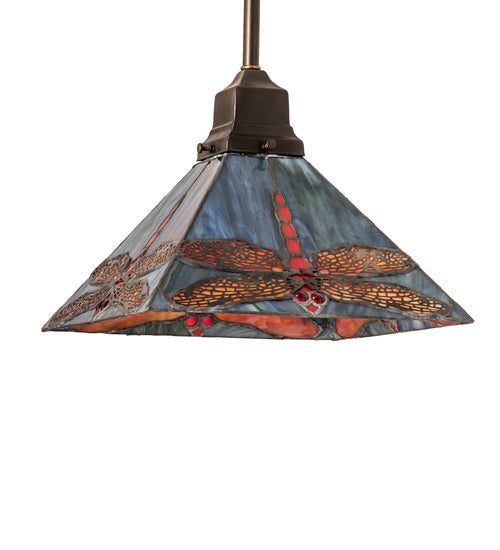 Meyda Lighting Prairie Dragonfly 14" Antique Copper Mini Pendant Light With Red & Blue Stained Shade Glass