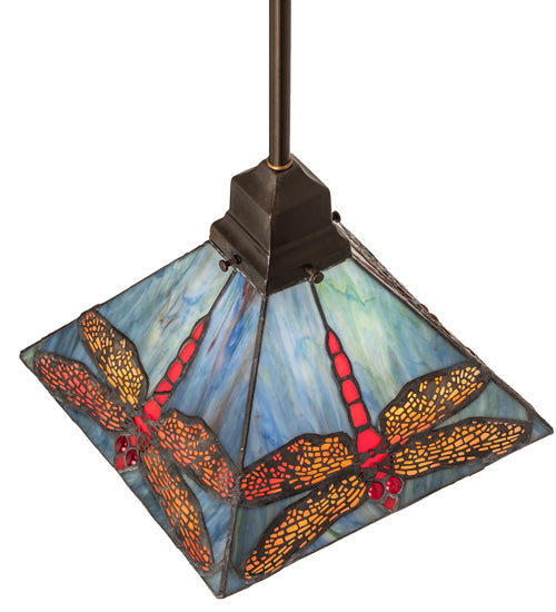 Meyda Lighting Prairie Dragonfly 14" Antique Copper Mini Pendant Light With Red & Blue Stained Shade Glass