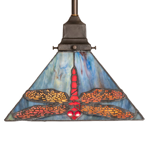 Meyda Lighting Prairie Dragonfly 14" Antique Copper Mini Pendant Light With Red & Blue Stained Shade Glass