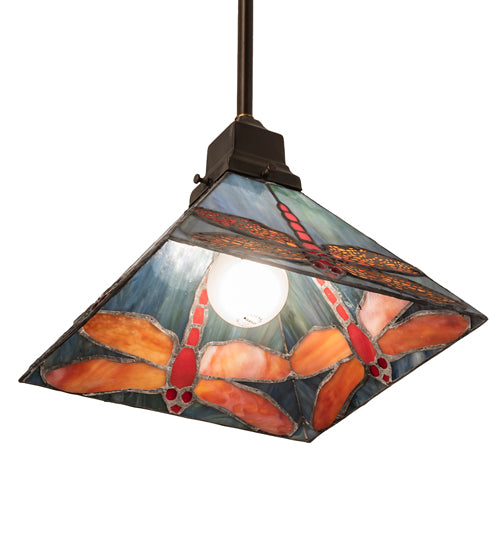 Meyda Lighting Prairie Dragonfly 14" Antique Copper Mini Pendant Light With Red & Blue Stained Shade Glass