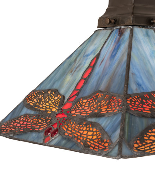 Meyda Lighting Prairie Dragonfly 14" Antique Copper Mini Pendant Light With Red & Blue Stained Shade Glass