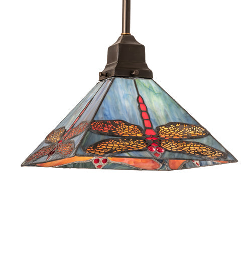 Meyda Lighting Prairie Dragonfly 14" Antique Copper Mini Pendant Light With Red & Blue Stained Shade Glass