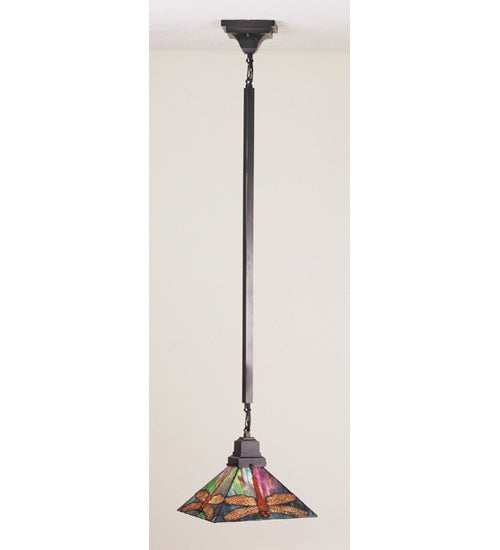 Meyda Lighting Prairie Dragonfly 14" Mahogany Bronze Pendant Light With Multi-Colored Shade Glass