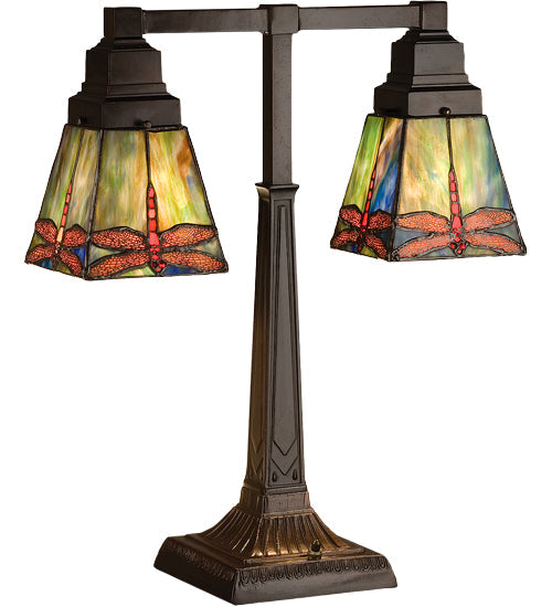 Meyda Lighting Prairie Dragonfly 20" 2-Light Mahogany Bronze Desk Table Lamp With Multi-Colored Shade Glass
