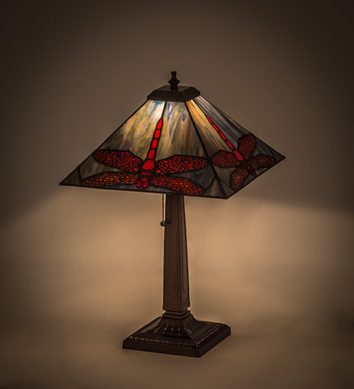 Meyda Lighting Prairie Dragonfly 21" Mahogany Bronze Table Lamp With Multi-Colored Stained Shade Glass