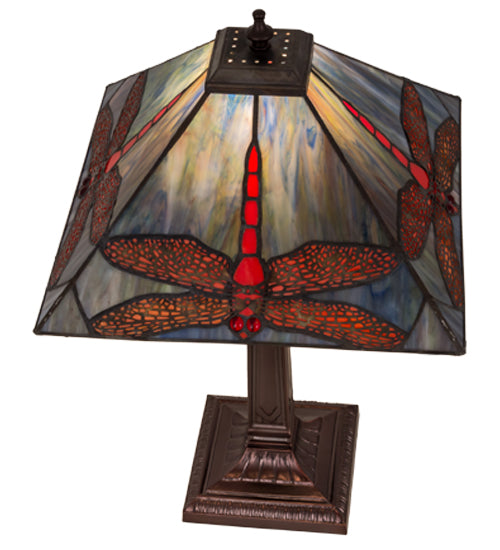 Meyda Lighting Prairie Dragonfly 21" Mahogany Bronze Table Lamp With Multi-Colored Stained Shade Glass