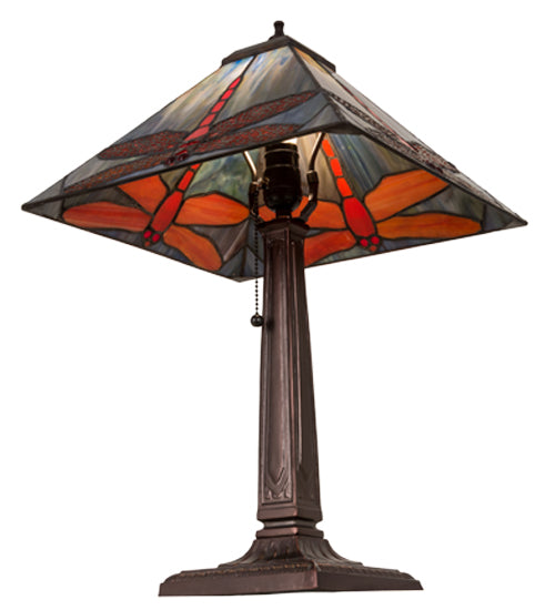 Meyda Lighting Prairie Dragonfly 21" Mahogany Bronze Table Lamp With Multi-Colored Stained Shade Glass
