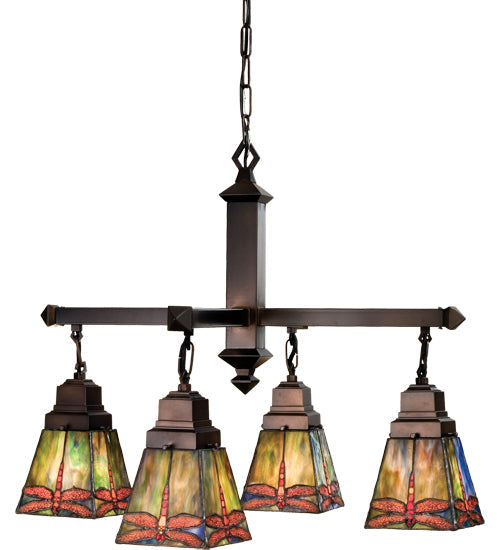 Meyda Lighting Prairie Dragonfly 26" 4-Light Mahogany Bronze Chandelier With Multi-Colored Shade Glass