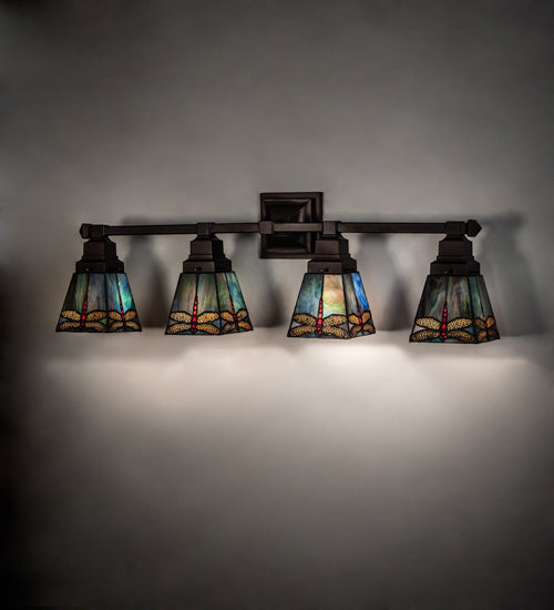 Meyda Lighting Prairie Dragonfly 37" 4-Light Mahogany Bronze Vanity Light With Multi-Colored Stained Shade Glass
