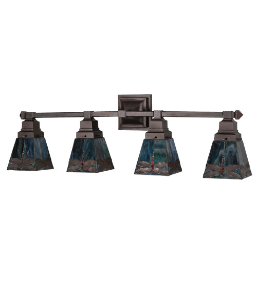 Meyda Lighting Prairie Dragonfly 37" 4-Light Mahogany Bronze Vanity Light With Multi-Colored Stained Shade Glass