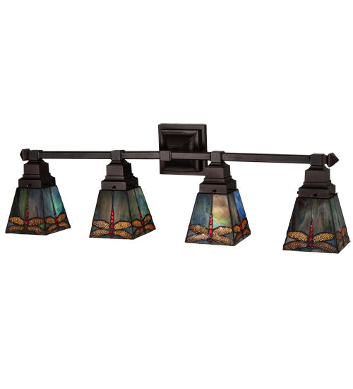 Meyda Lighting Prairie Dragonfly 37" 4-Light Mahogany Bronze Vanity Light With Multi-Colored Stained Shade Glass