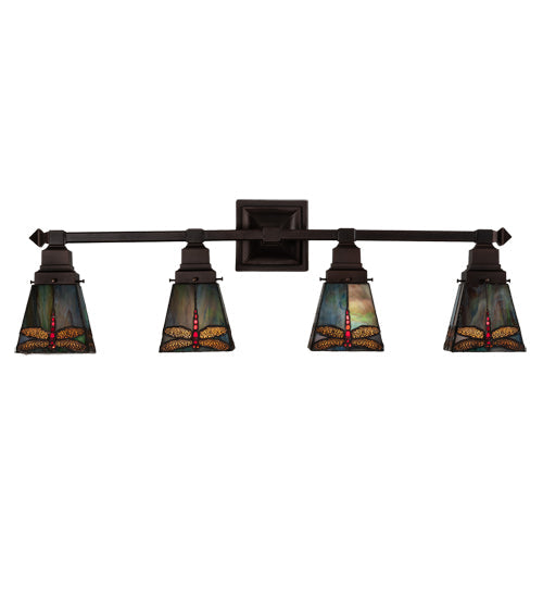 Meyda Lighting Prairie Dragonfly 37" 4-Light Mahogany Bronze Vanity Light With Multi-Colored Stained Shade Glass
