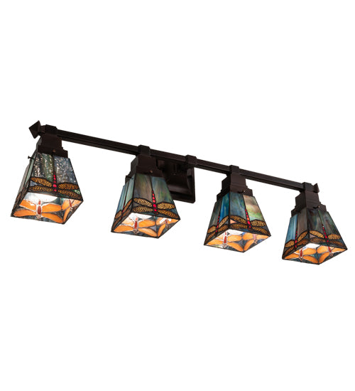 Meyda Lighting Prairie Dragonfly 37" 4-Light Mahogany Bronze Vanity Light With Multi-Colored Stained Shade Glass