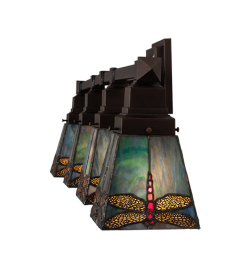 Meyda Lighting Prairie Dragonfly 37" 4-Light Mahogany Bronze Vanity Light With Multi-Colored Stained Shade Glass