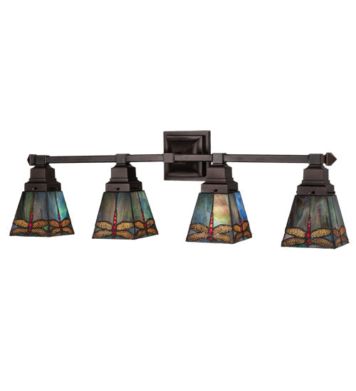 Meyda Lighting Prairie Dragonfly 37" 4-Light Mahogany Bronze Vanity Light With Multi-Colored Stained Shade Glass