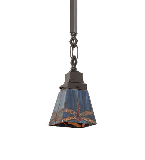Meyda Lighting Prairie Dragonfly 49101 5"Sq Mahogany Bronze Mini Pendant Light With Multi-Colored Stained Shade Glass