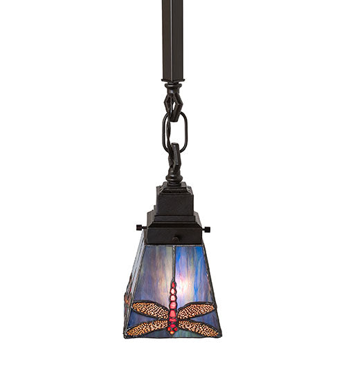 Meyda Lighting Prairie Dragonfly 49101 5"Sq Mahogany Bronze Mini Pendant Light With Multi-Colored Stained Shade Glass