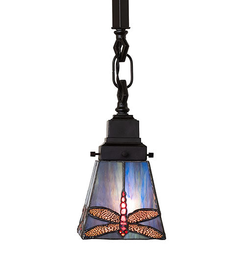 Meyda Lighting Prairie Dragonfly 49101 5"Sq Mahogany Bronze Mini Pendant Light With Multi-Colored Stained Shade Glass