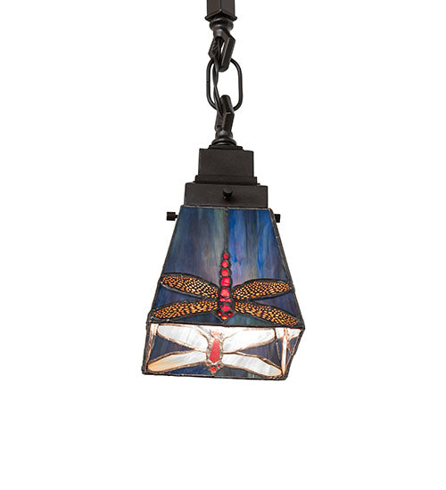 Meyda Lighting Prairie Dragonfly 49101 5"Sq Mahogany Bronze Mini Pendant Light With Multi-Colored Stained Shade Glass