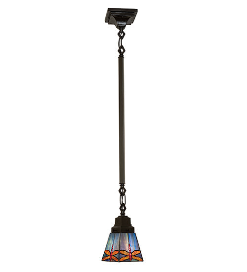 Meyda Lighting Prairie Dragonfly 49101 5"Sq Mahogany Bronze Mini Pendant Light With Multi-Colored Stained Shade Glass
