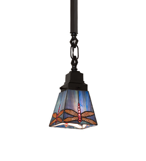 Meyda Lighting Prairie Dragonfly 49101 5"Sq Mahogany Bronze Mini Pendant Light With Multi-Colored Stained Shade Glass