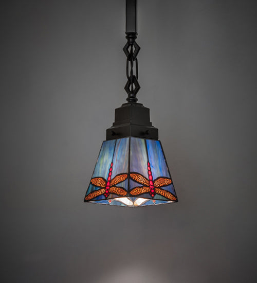 Meyda Lighting Prairie Dragonfly 49102 5"Sq Mahogany Bronze Mini Pendant Light With Multi-Colored Stained Shade Glass