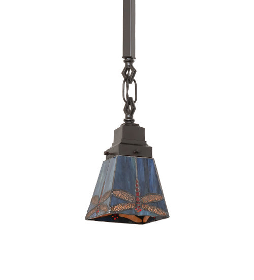 Meyda Lighting Prairie Dragonfly 49102 5"Sq Mahogany Bronze Mini Pendant Light With Multi-Colored Stained Shade Glass