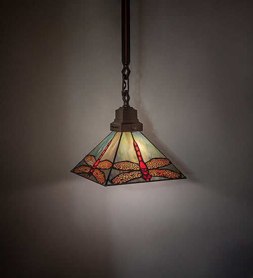 Meyda Lighting Prairie Dragonfly 49104 10"Sq Mahogany Bronze Pendant Light With Multi-Colored Stained Shade Glass