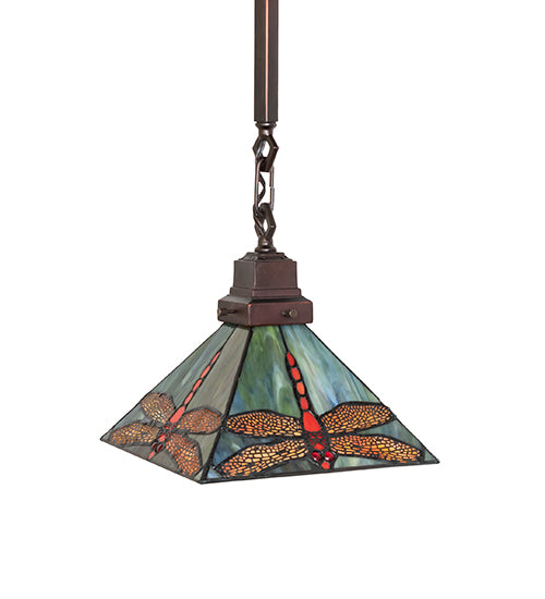Meyda Lighting Prairie Dragonfly 49104 10"Sq Mahogany Bronze Pendant Light With Multi-Colored Stained Shade Glass