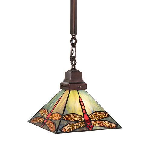 Meyda Lighting Prairie Dragonfly 49104 10"Sq Mahogany Bronze Pendant Light With Multi-Colored Stained Shade Glass