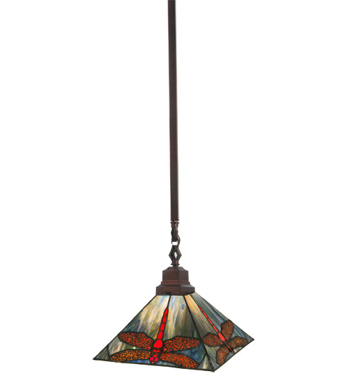 Meyda Lighting Prairie Dragonfly 49113 10" Mahogany Bronze Pendant Light With Multi-Colored Stained Shade Glass