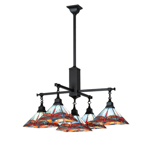 Meyda Lighting Prairie Dragonfly 51"Sq 5-Light Craftsman Brown Chandelier With Orange & Blue Stained Shade Glass