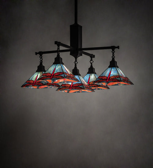 Meyda Lighting Prairie Dragonfly 51"Sq 5-Light Craftsman Brown Chandelier With Orange & Blue Stained Shade Glass