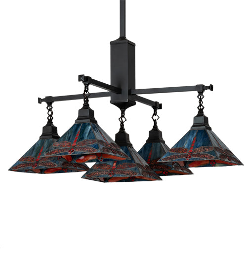 Meyda Lighting Prairie Dragonfly 51"Sq 5-Light Craftsman Brown Chandelier With Orange & Blue Stained Shade Glass