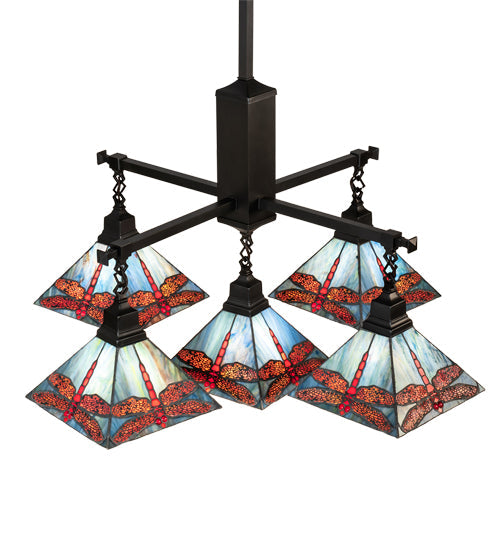 Meyda Lighting Prairie Dragonfly 51"Sq 5-Light Craftsman Brown Chandelier With Orange & Blue Stained Shade Glass