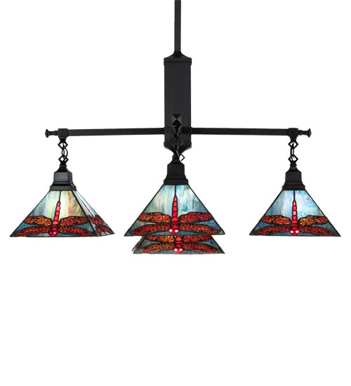 Meyda Lighting Prairie Dragonfly 51"Sq 5-Light Craftsman Brown Chandelier With Orange & Blue Stained Shade Glass
