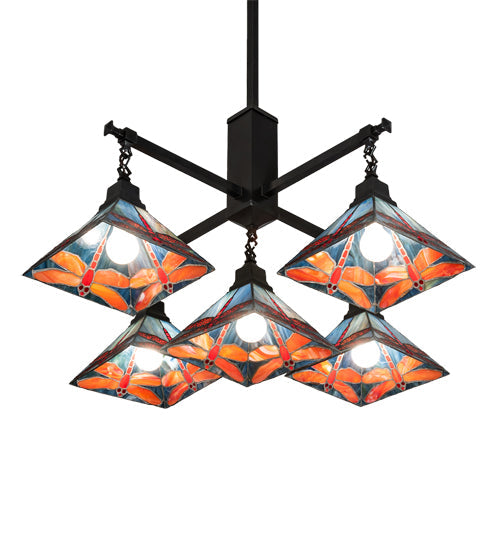 Meyda Lighting Prairie Dragonfly 51"Sq 5-Light Craftsman Brown Chandelier With Orange & Blue Stained Shade Glass