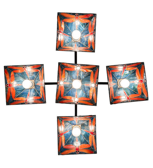 Meyda Lighting Prairie Dragonfly 51"Sq 5-Light Craftsman Brown Chandelier With Orange & Blue Stained Shade Glass